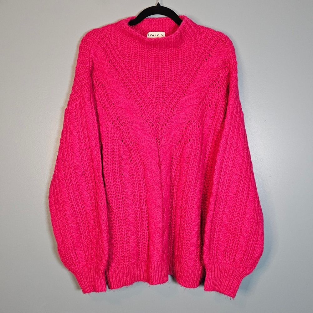 AVA & VIV Womens 1X Red Chunky Knit Cable Sweater Mock Neck Long Sleeve